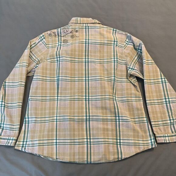 Cabelas Shirt Womens XL Beige Green Plaid Western Embroidered Floral Cotton - Picture 7 of 8